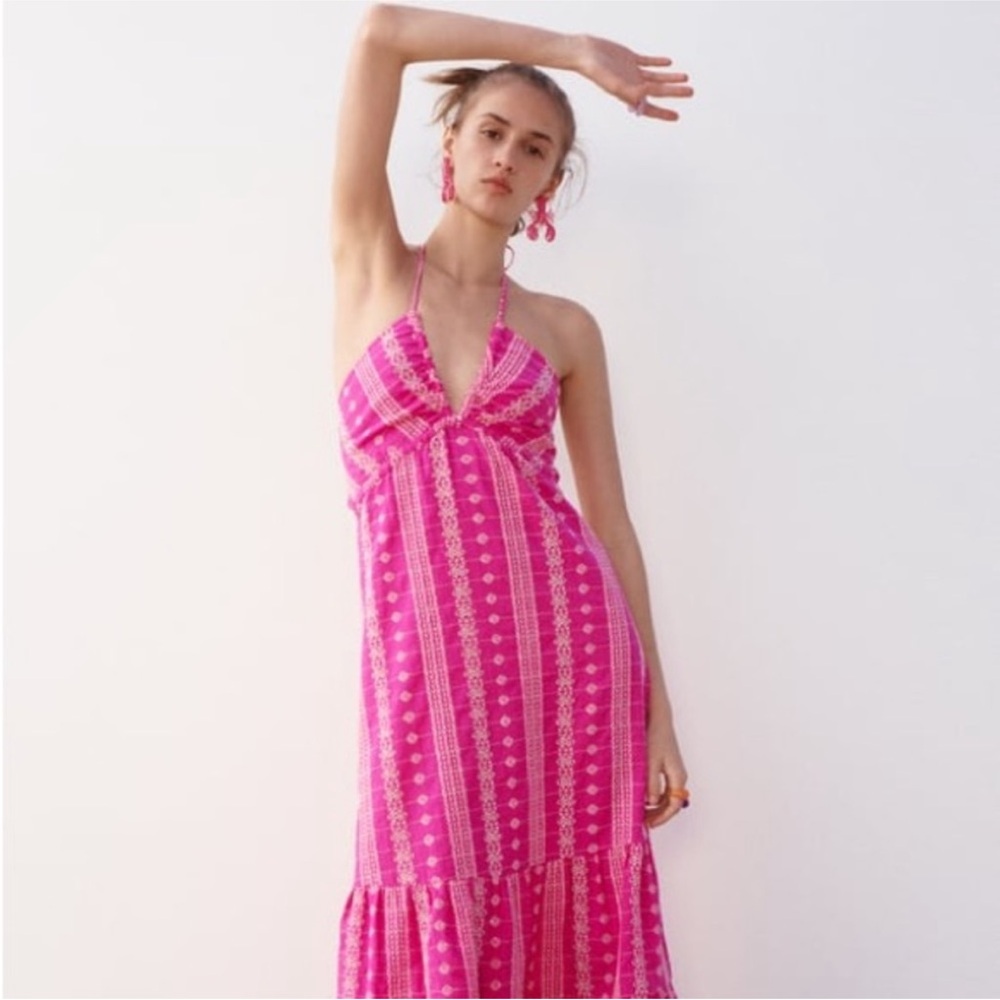 Zara limited edition openwork work embroidered cotton halter midi dress - Picture 3 of 16